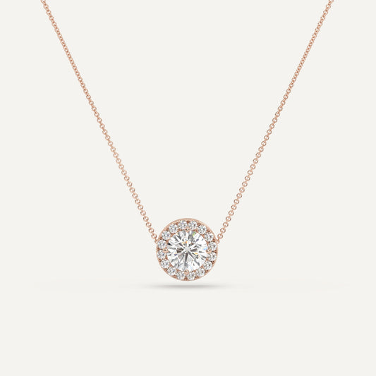 Necklace-Round Diamond with Diamond Halo--1 carat-Rose,1 carat, Rose