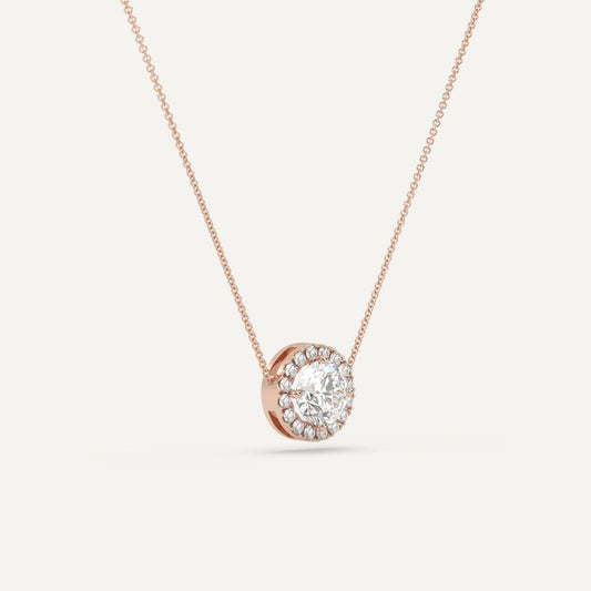 Necklace-Round Diamond with Diamond Halo--1 carat-Rose,1 carat, Rose