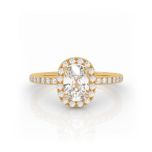 Solitaire Ring with halo & pave band The Elongated Cushion Solitaire Yellow