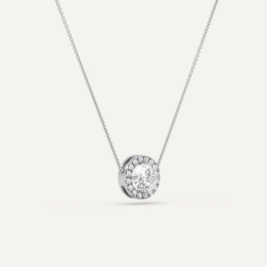 Necklace-Round Diamond with Diamond Halo--1 carat-White,1 carat, White